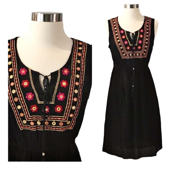 Black Cotton Embroidered Dress Sleeveless Boho Midi Large Casual NWT - Picture 1 of 7
